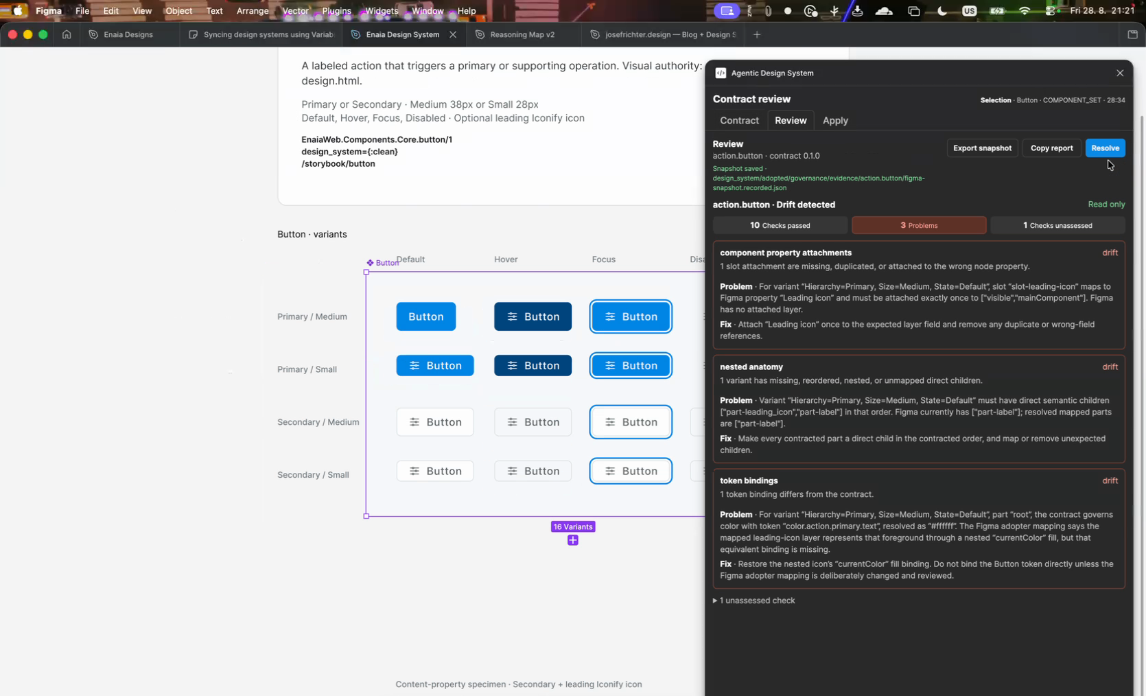 The Figma plugin Review tab showing action.button drift detected, with 10 checks passed, 3 problems and 1 unassessed, and three problem cards for component property attachments, nested anatomy and token bindings.