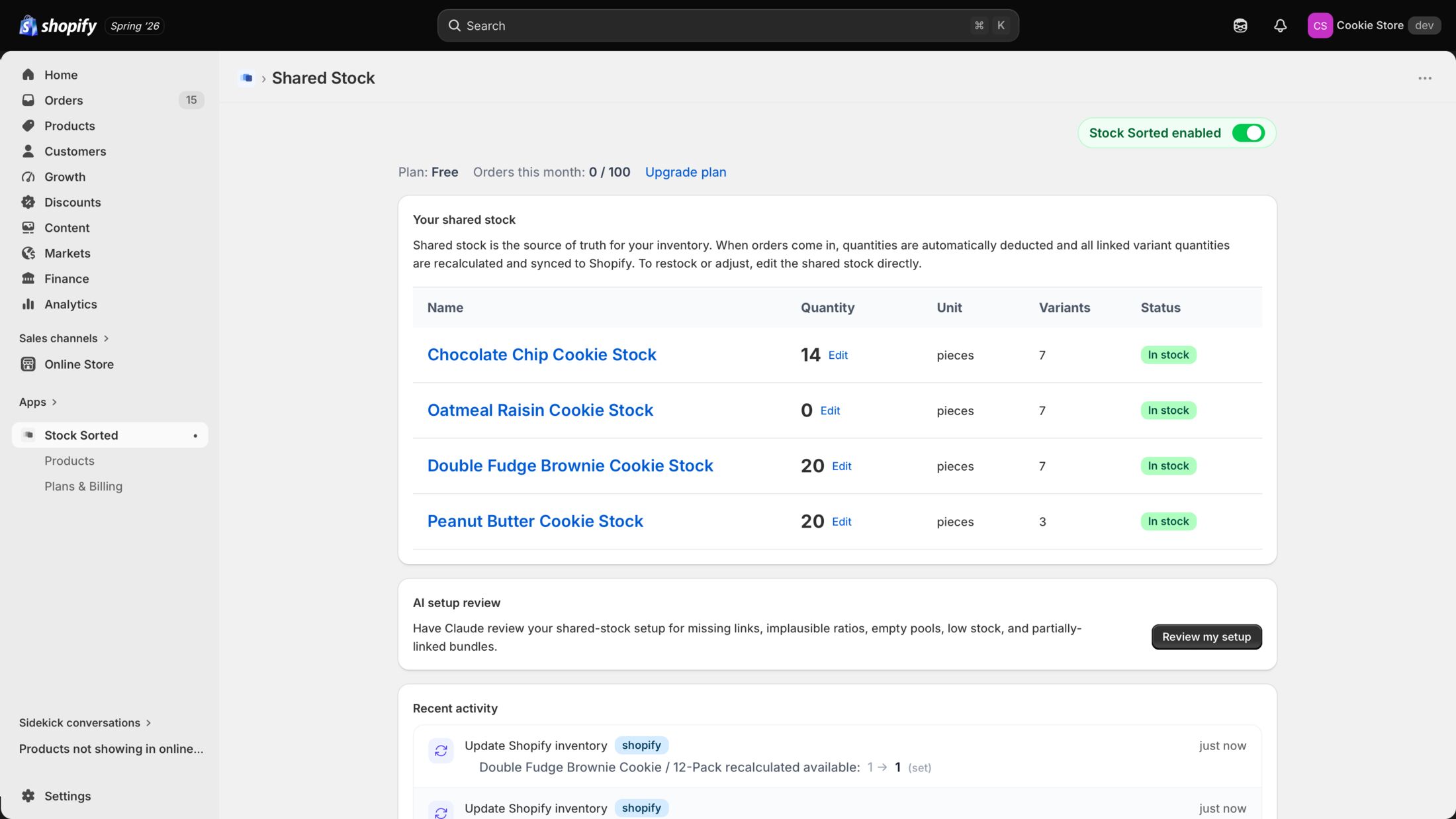 Stock Sorted — shared stock dashboard inside the Shopify admin