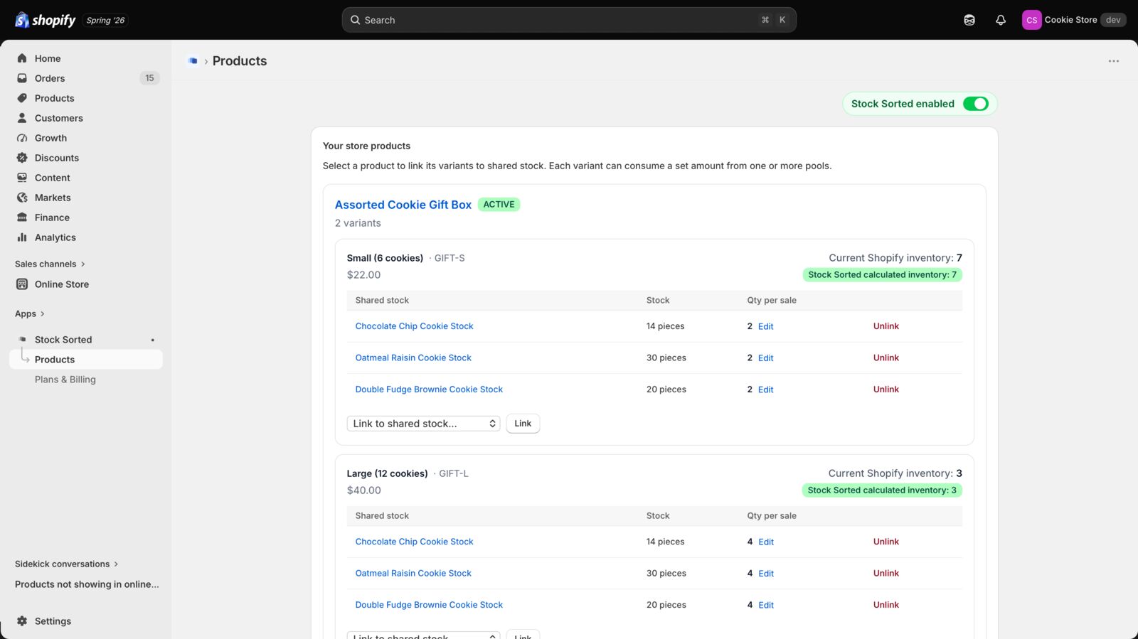 Stock Sorted — linking product variants to shared stock pools