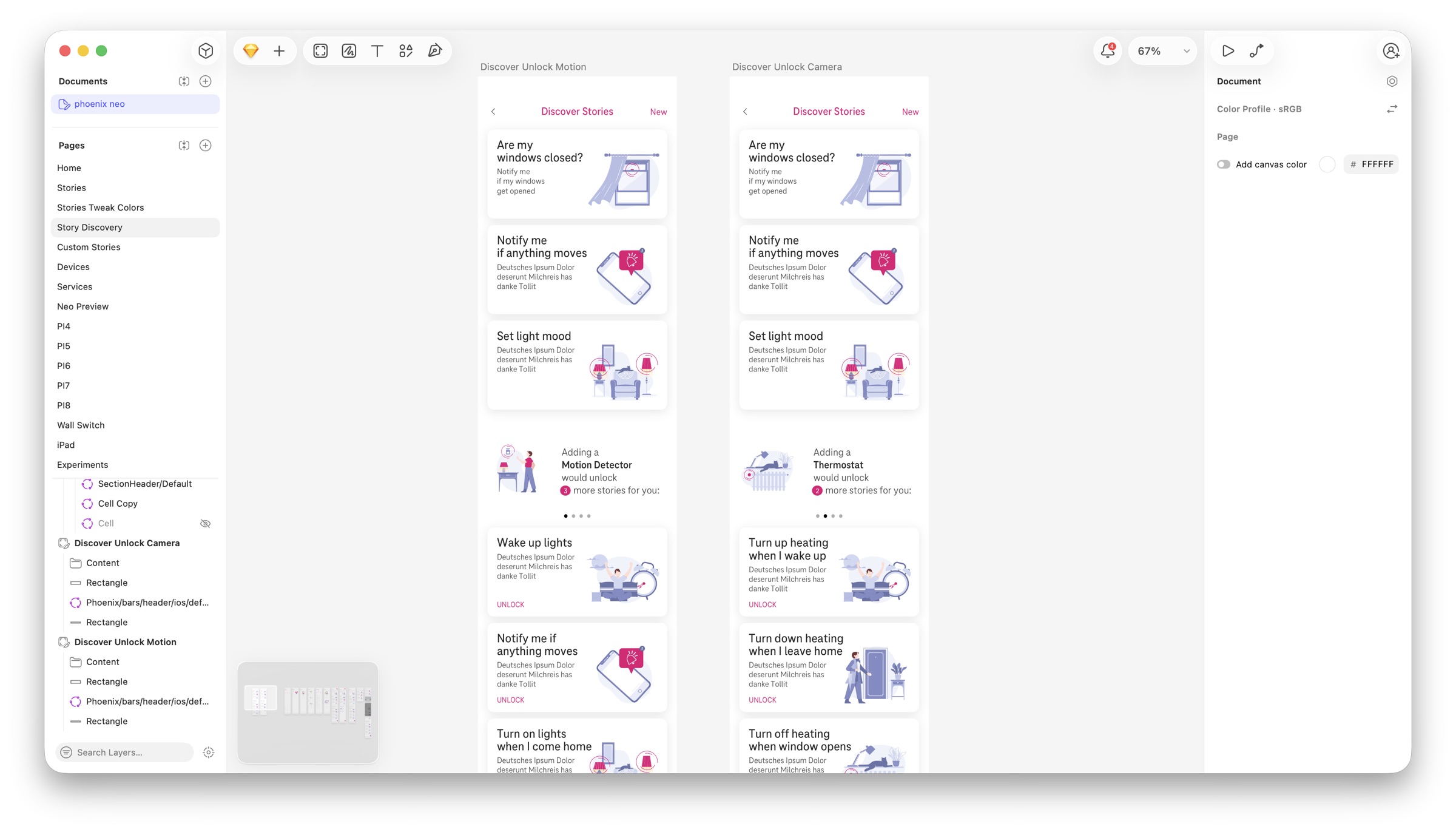Design exploration of the &ldquo;stories&rdquo; concept &ndash; everyday smart-home situations like &ldquo;wake up lights&rdquo; and &ldquo;turn on lights when I come home&rdquo;, shown as cards in the app